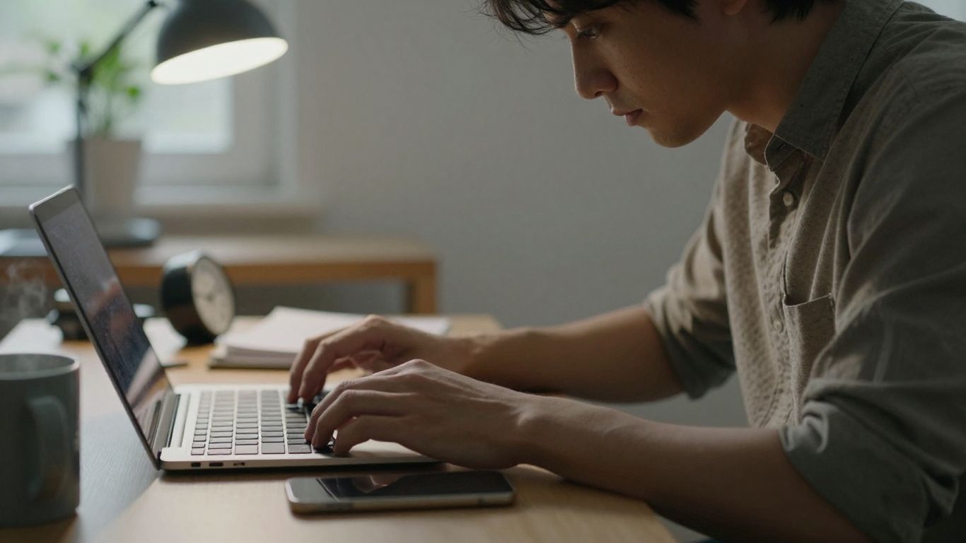 Person working intently at a desk with a coffee mug.