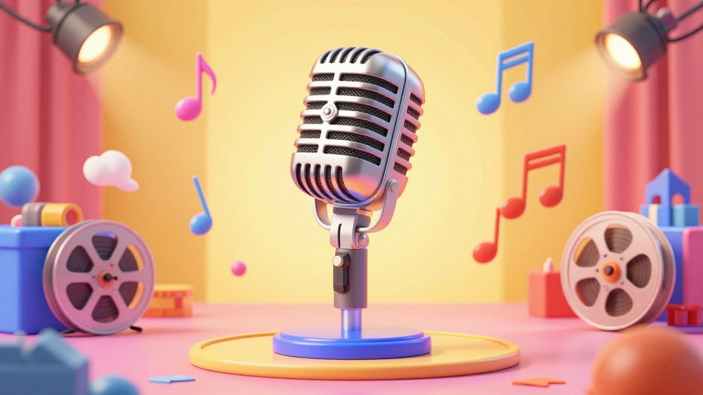 Microphone with musical notes and film reels.