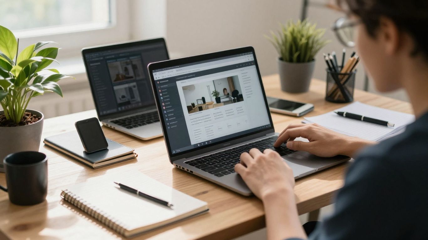 Beginner setting up affiliate marketing workspace with laptop.