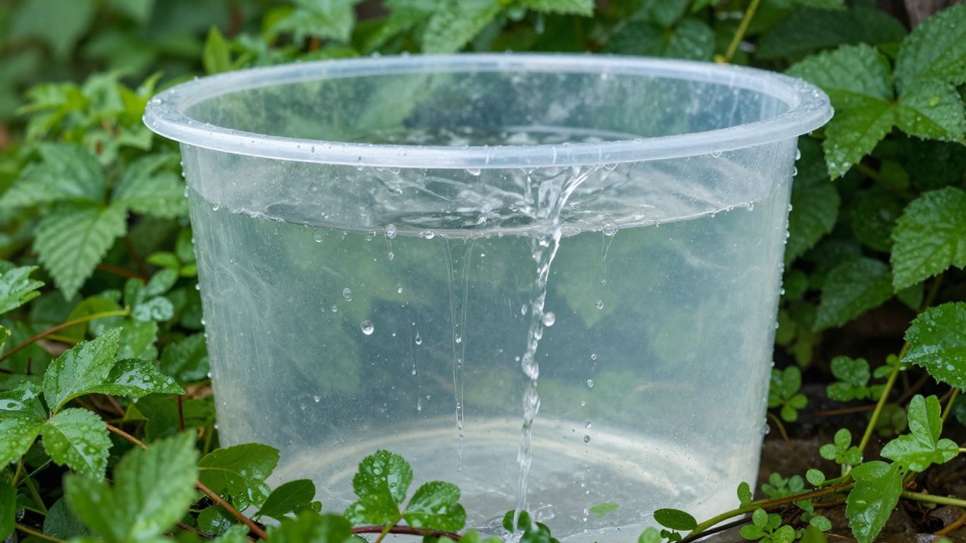 Rain barrel overflowing with collected water in a garden.