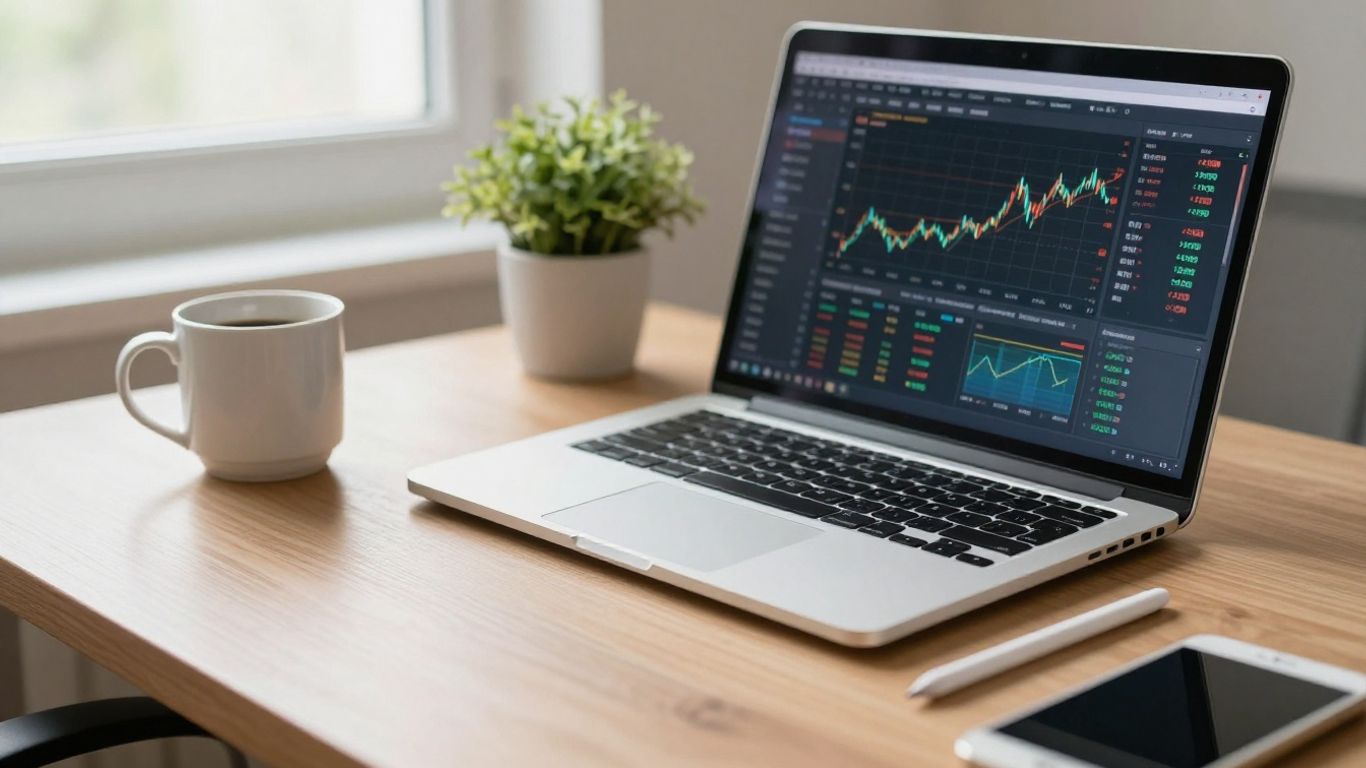 Modern trading desk with laptop, coffee, and plant.