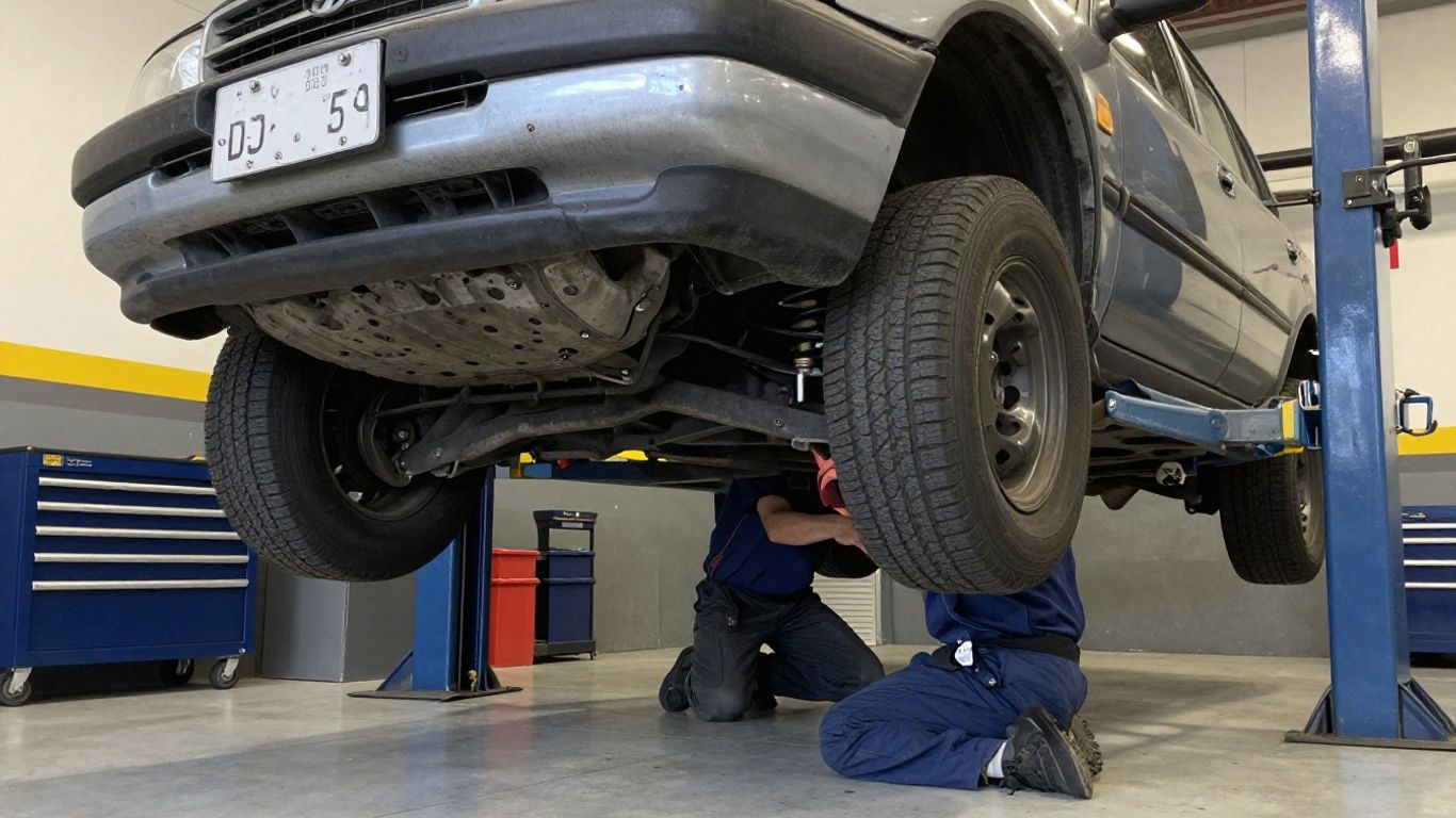 Mechanic examining an older vehicle drivetrain