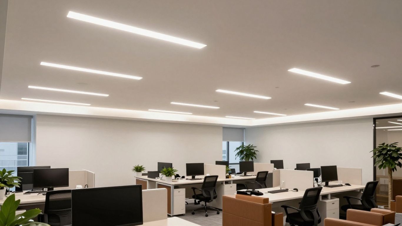 Modern office with bright, even LED ceiling lights.