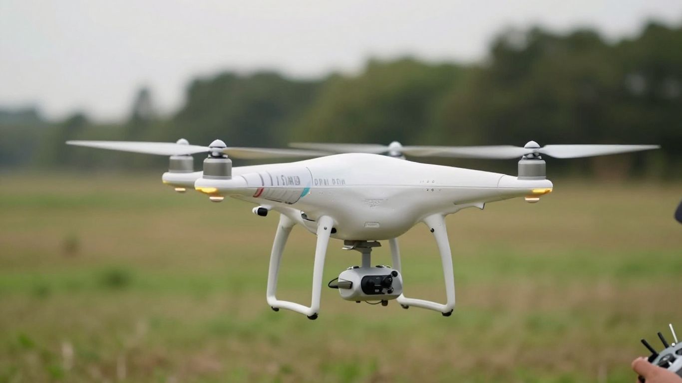 White quadcopter hovering over open grass