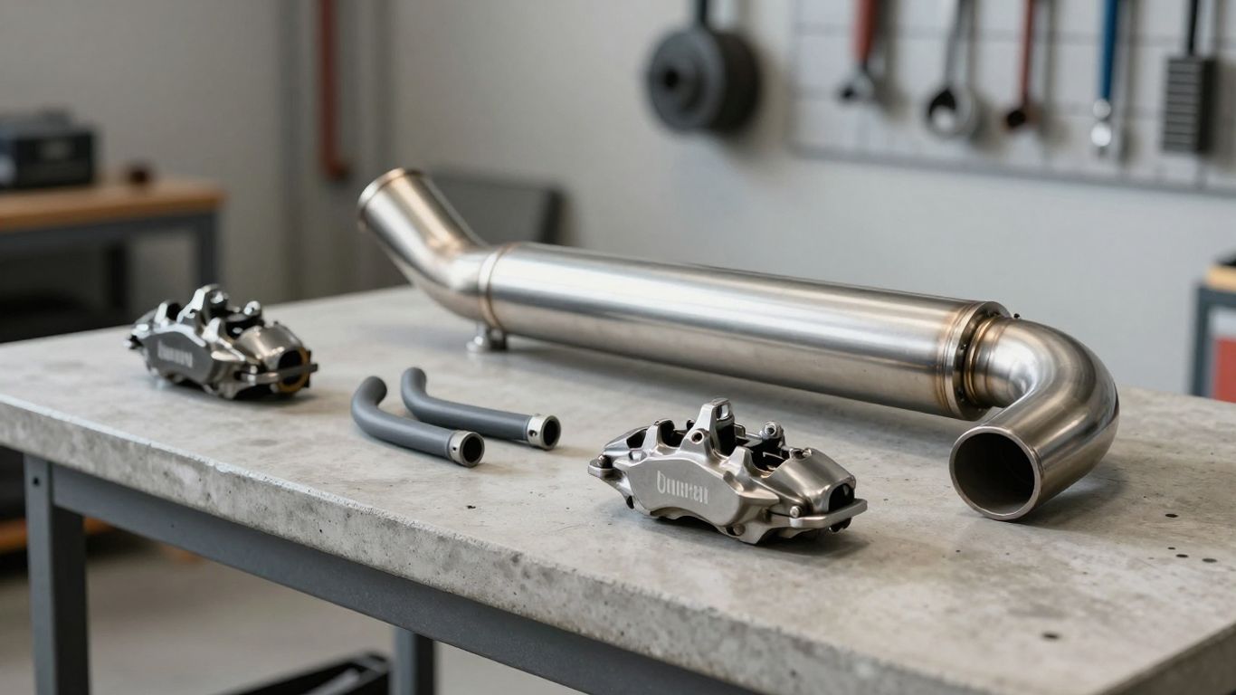 A collection of cleaned suspension and exhaust parts