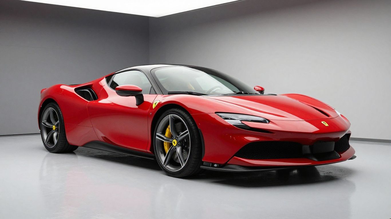 Red Ferrari SF90 Stradale in a garage.