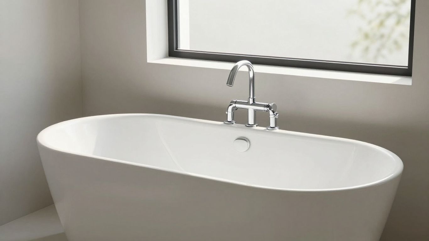 Elegant freestanding bathtub in a sunlit modern bathroom.