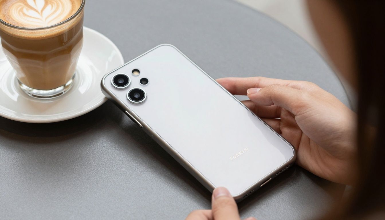A person in a cafe placing their Samsung Galaxy S25 Edge with a stylish case onto the table next to a coffee.