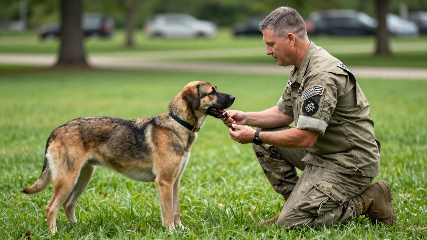 Veteran trainer working with a dog outdoors in Chattanooga.