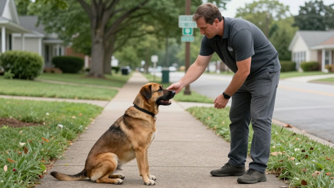 Trainer using a lead in a park