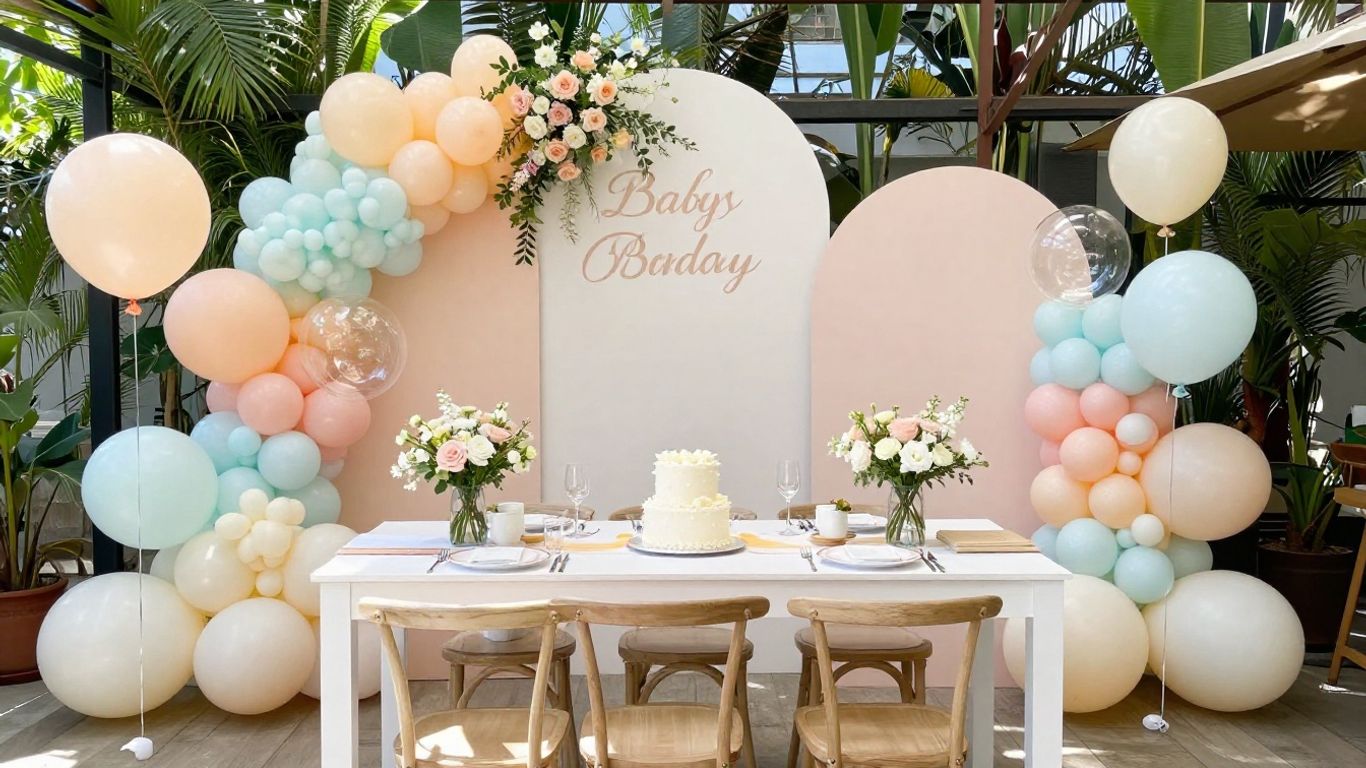 Elegant baby shower venue in Dallas with balloons and flowers.