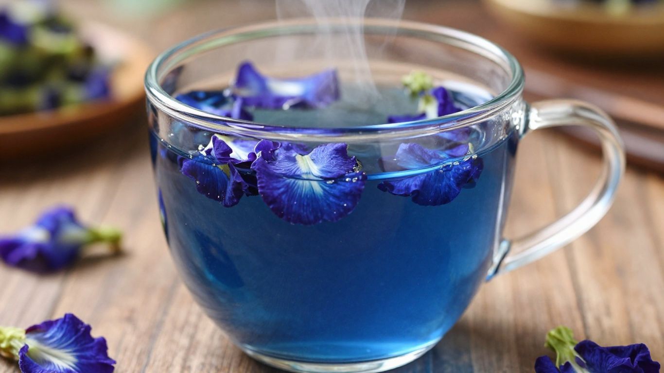 Glass mug of blue butterfly pea tea with flowers.