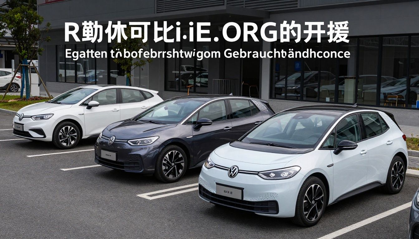 Eine Auswahl an gebrauchten Elektroautos, darunter ein Renault Zoe und ein VW ID.3, stehen aufgereiht auf dem Hof eines Gebrauchtwagenhändlers.