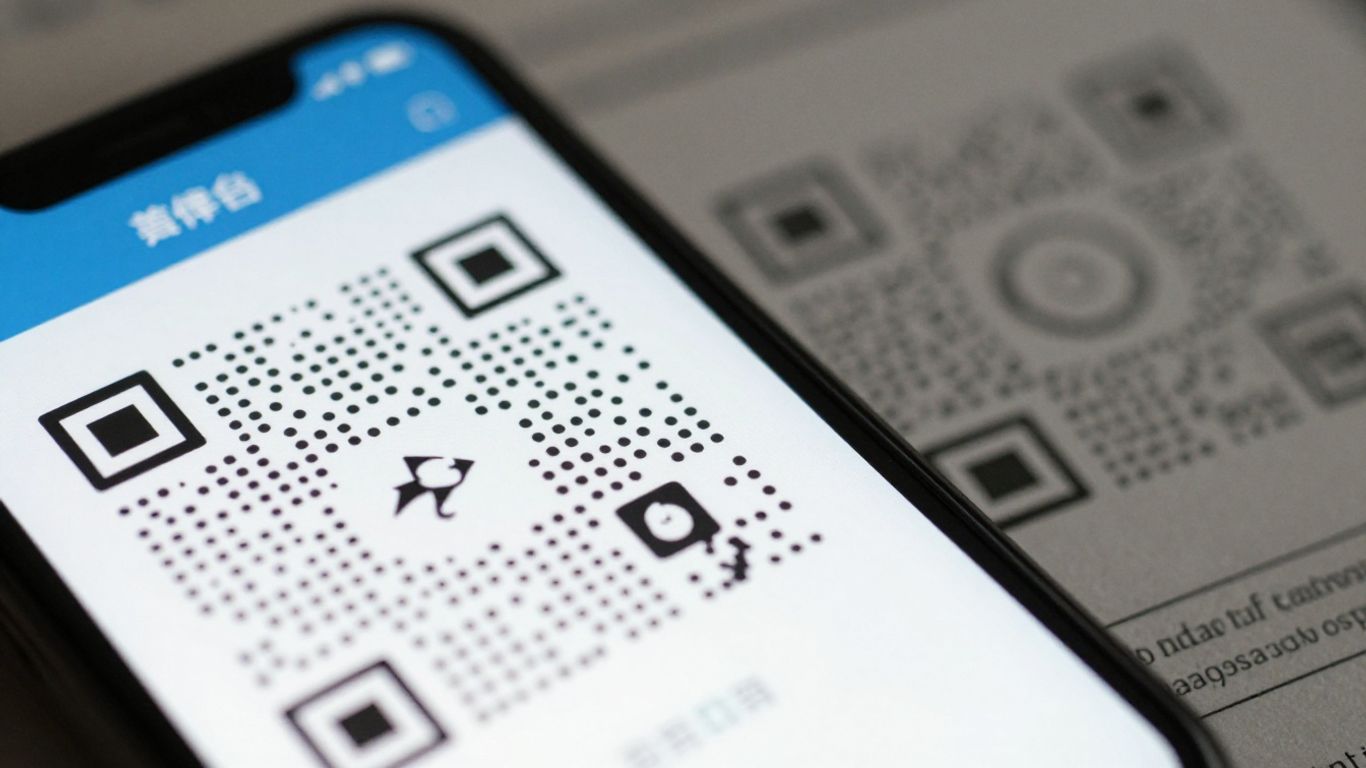 Smartphone scanning a QR code on printed material.