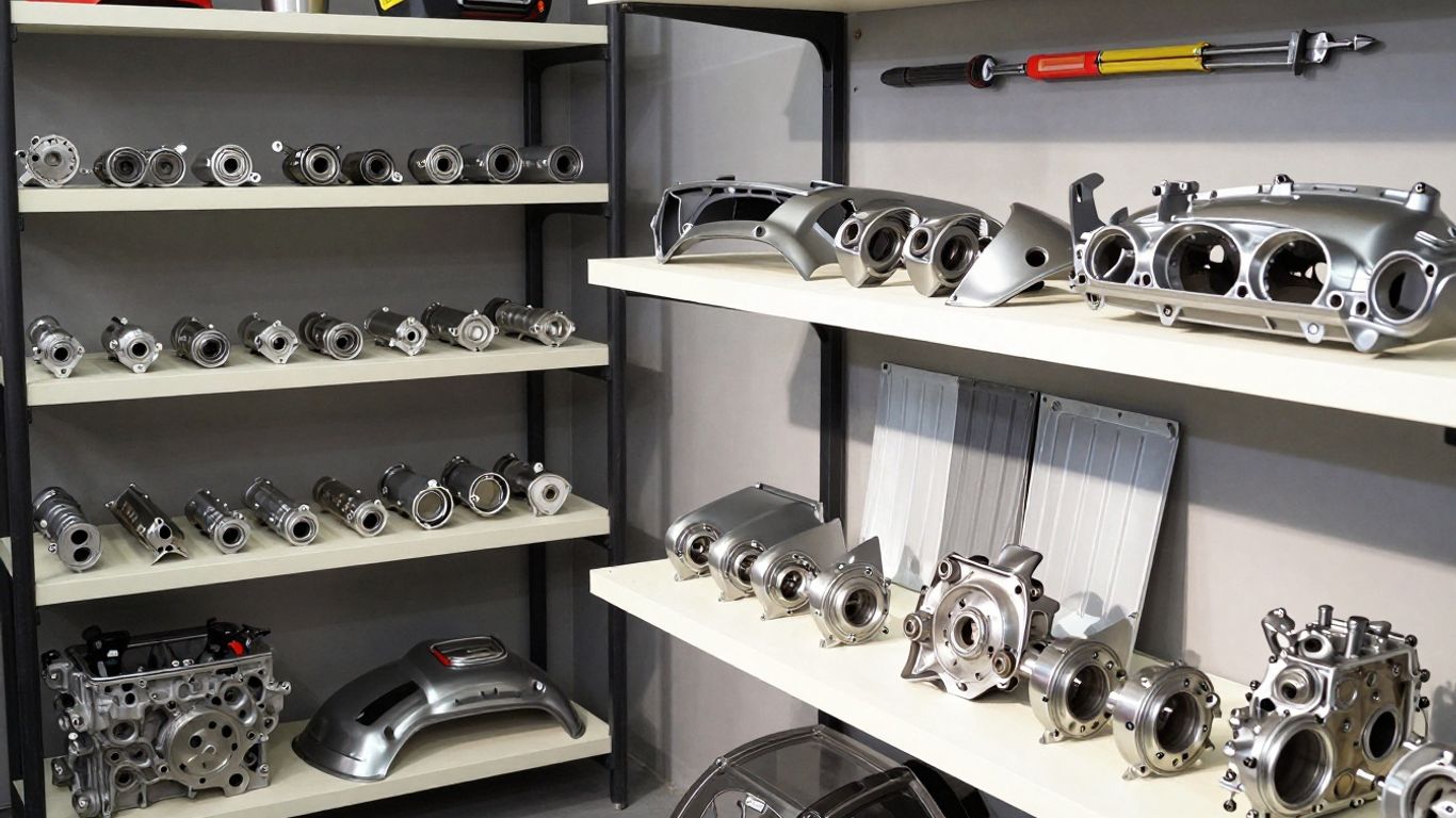 Mini Cooper parts displayed in a workshop.