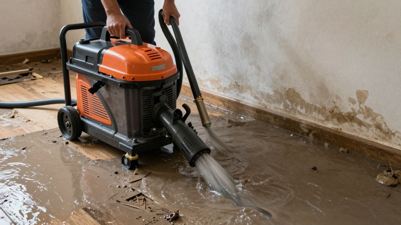 Water extraction machine removing floodwater from a home.