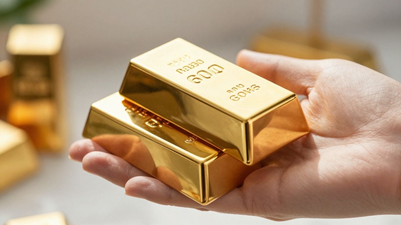 金手握着闪闪发光的金条。