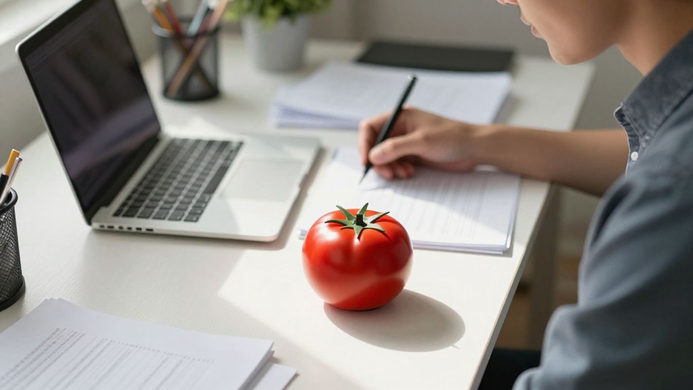 Person working with a Pomodoro timer on desk.