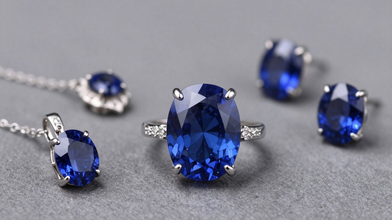 Assortment of sapphire rings, necklaces, and earrings.