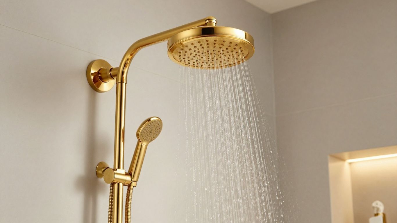 Gold rain shower head fixture in a modern bathroom.