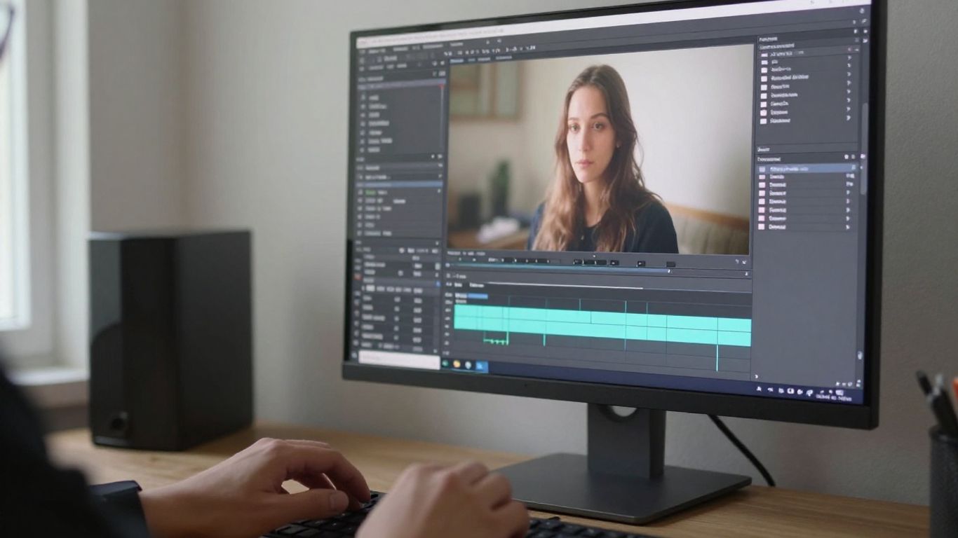 AI-generated face beside a video editing screen