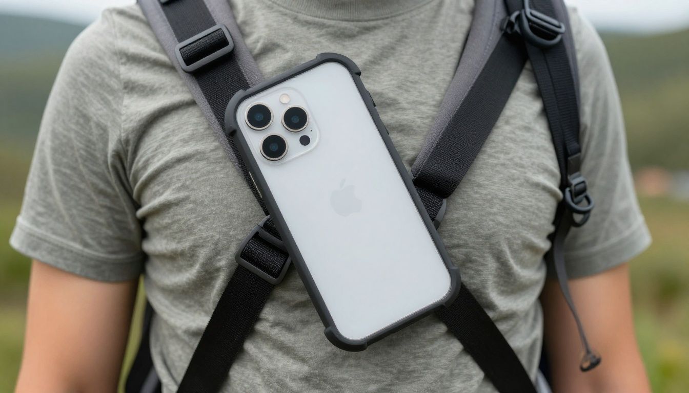 A person hiking in the Blue Mountains, their iPhone 14 Pro Max in a heavy-duty case visible on their backpack strap