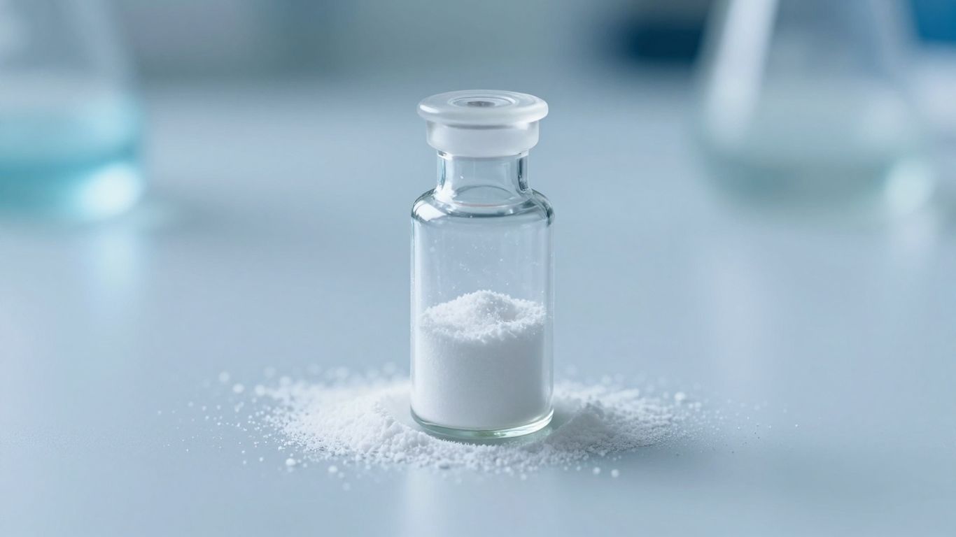 Vial of white powder on lab surface.