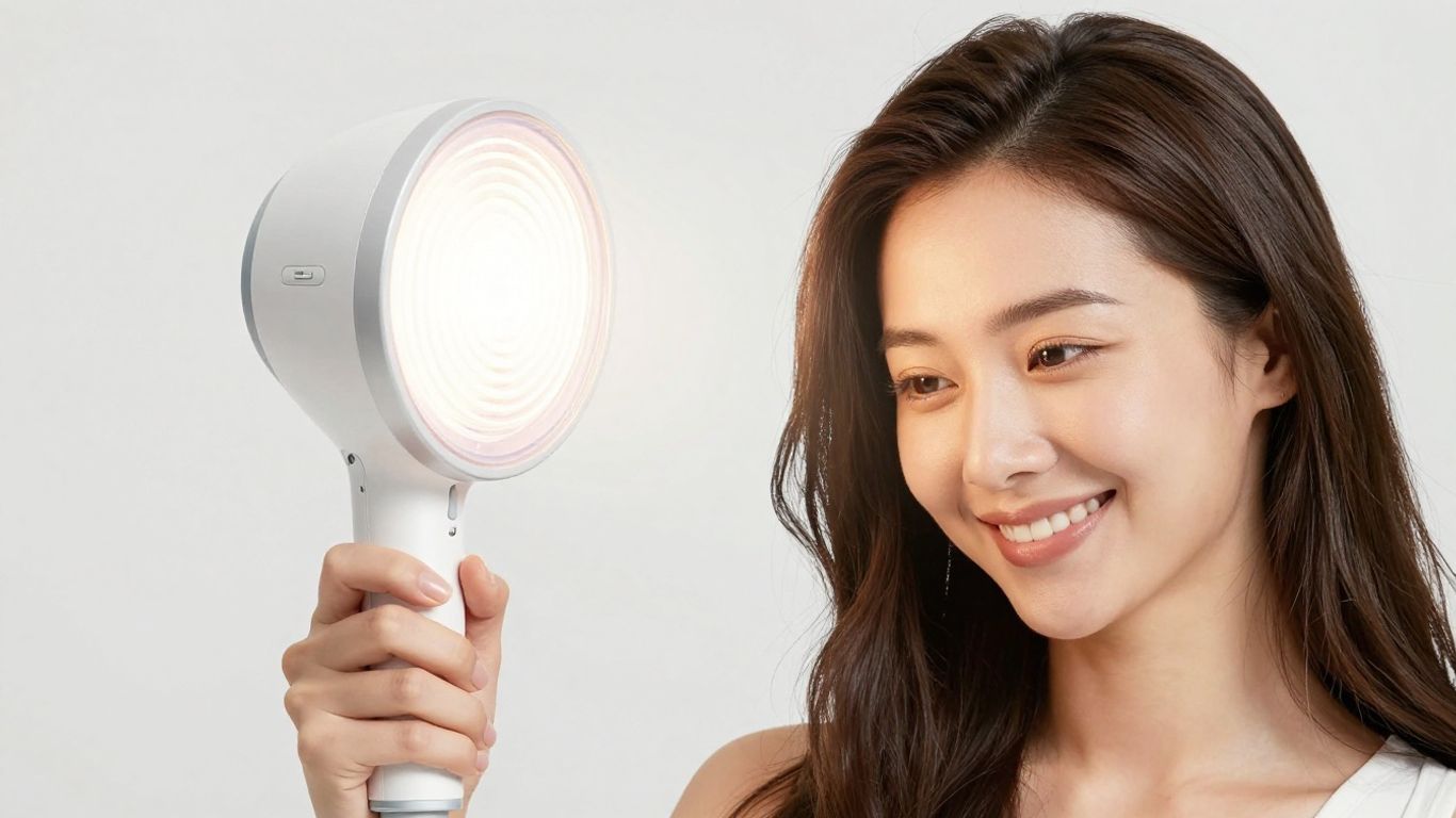 Woman using low-level laser therapy device for hair growth.