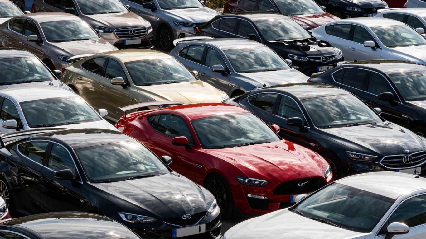 Autos in verschiedenen Farben und Modellen nebeneinander.