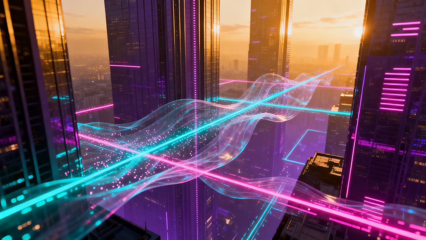 Futuristic cityscape with glowing digital pathways and data streams.