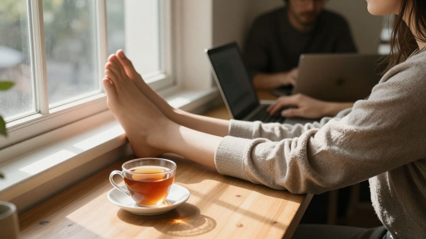 Person stretching by window, tea cup, laptop in background.