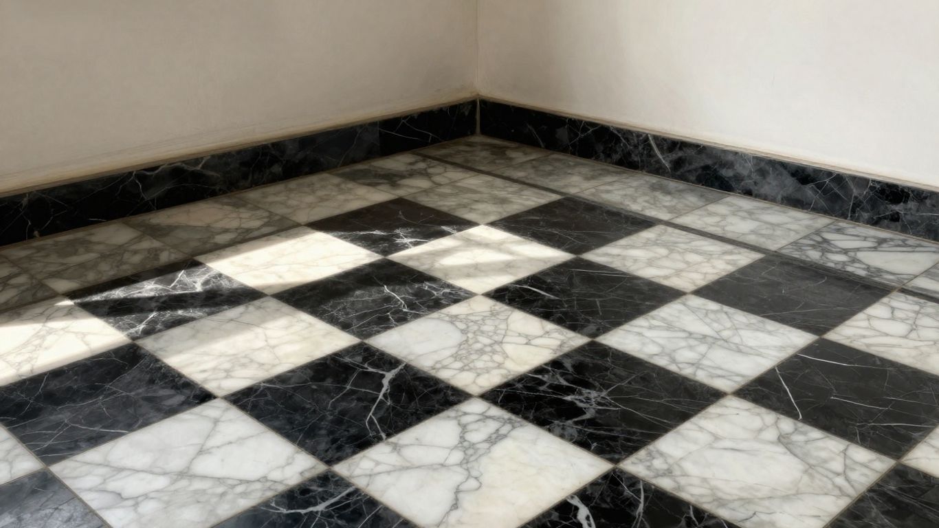 Checkerboard marble tile floor in a room.