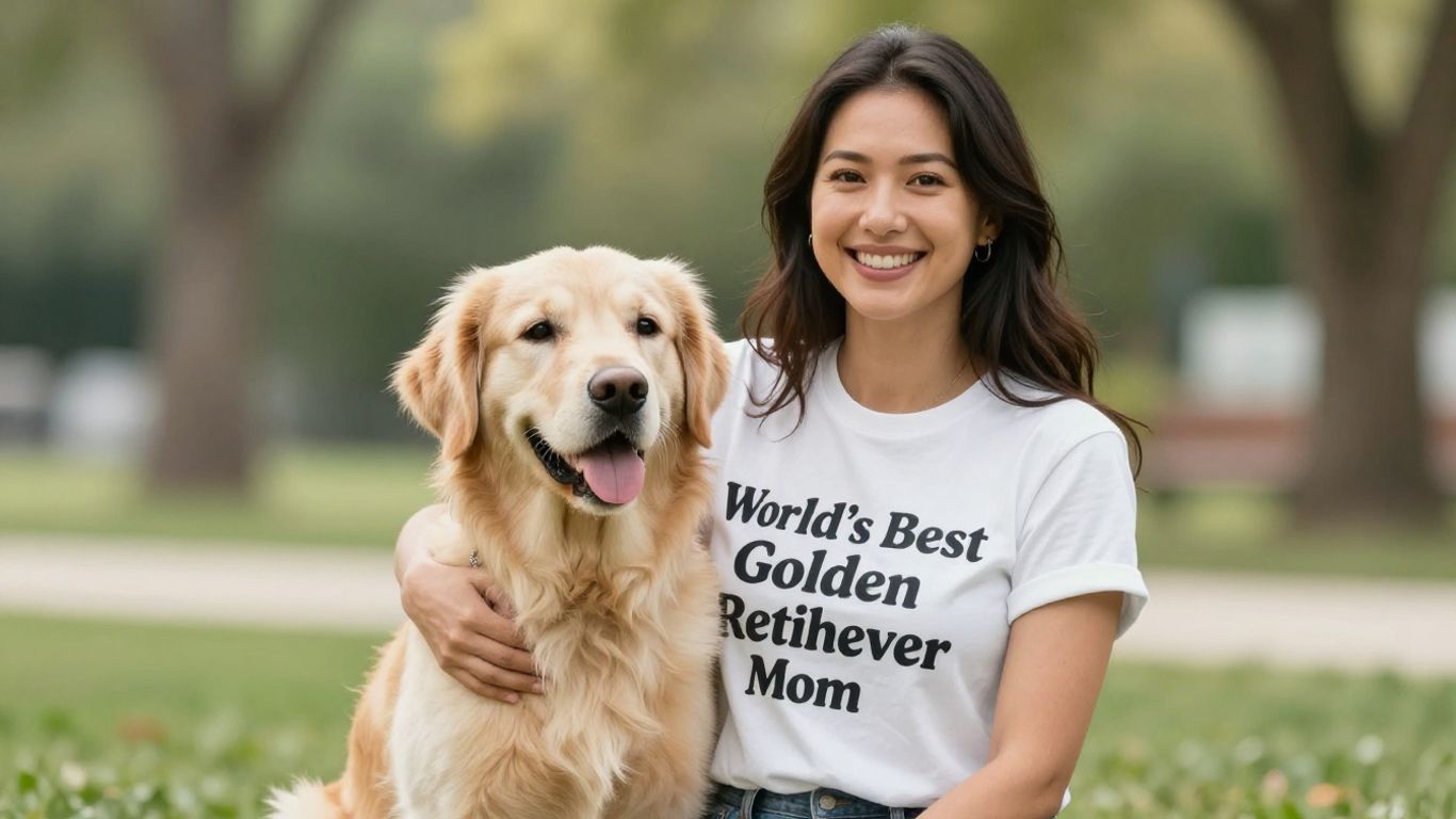 Golden Retriever mom wearing a graphic t-shirt