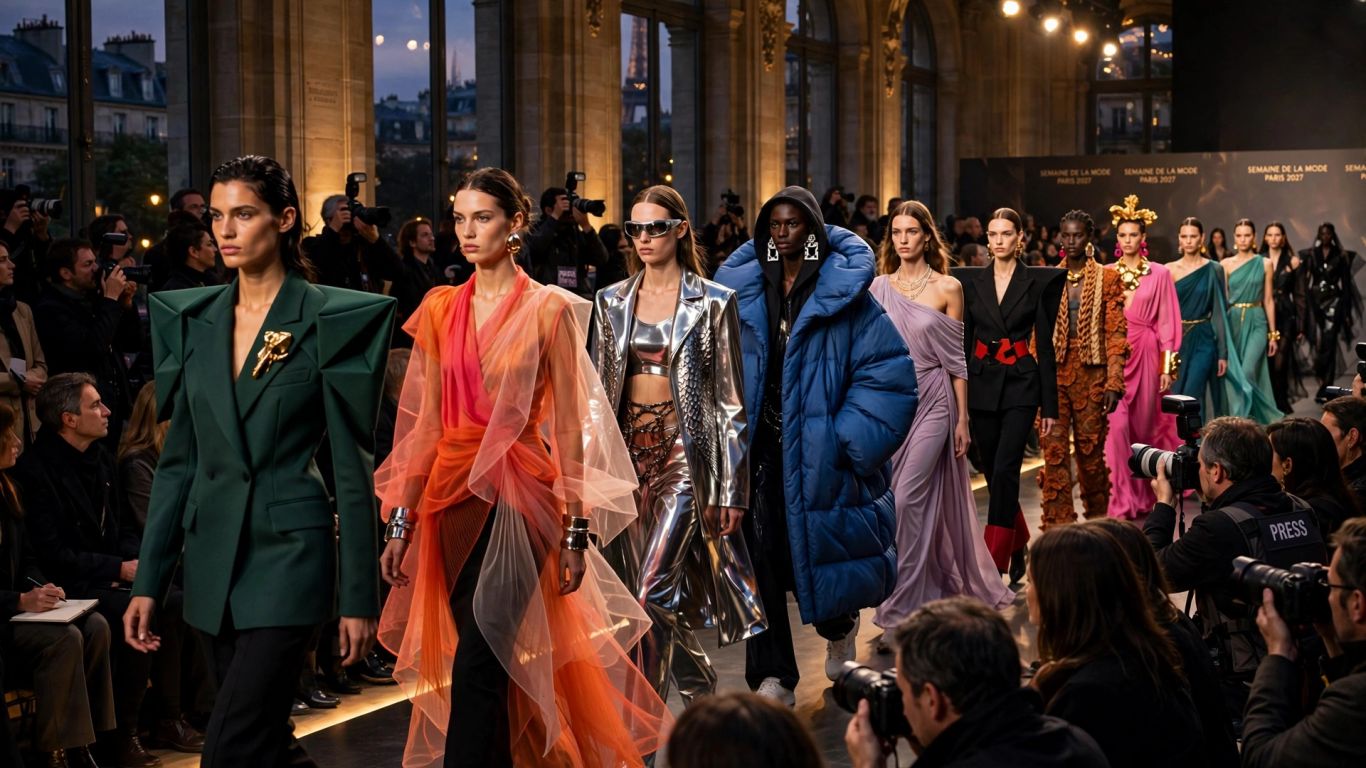 Models wear varied styles on a Paris runway