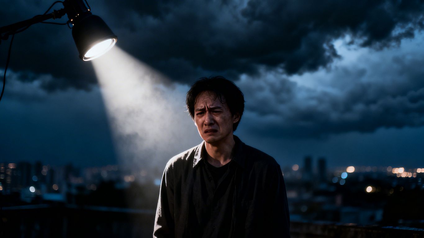 Person under a spotlight with dark clouds.