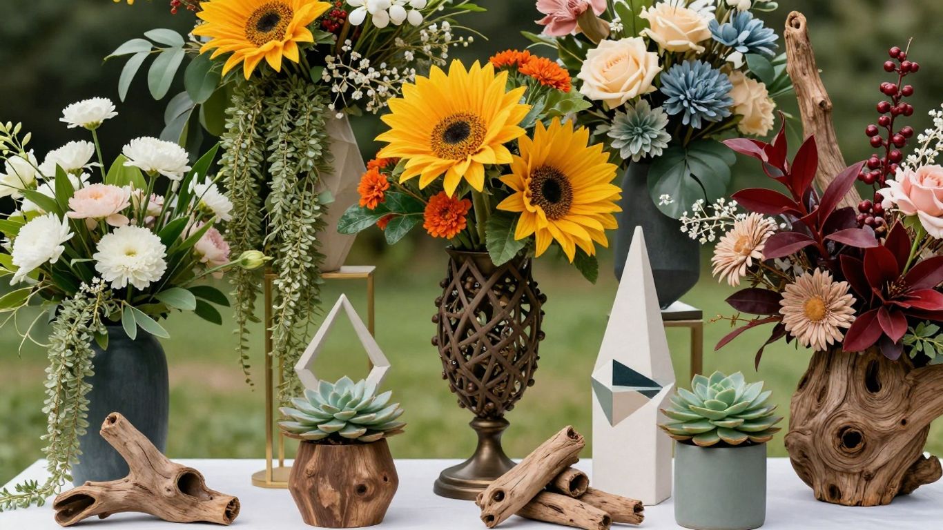 Creative wedding centrepieces with unique floral and natural elements.