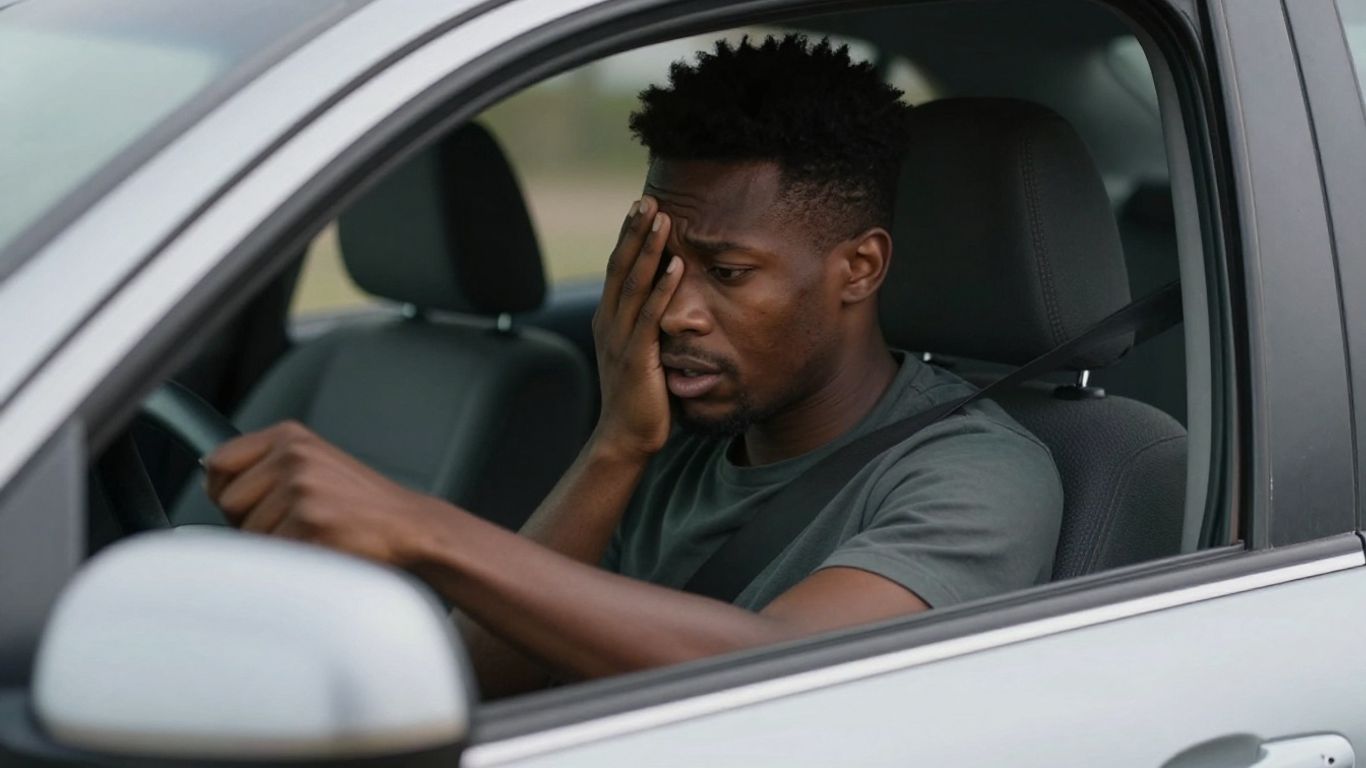 Bezorgde bestuurder na een auto-ongeluk in een beschadigde auto.