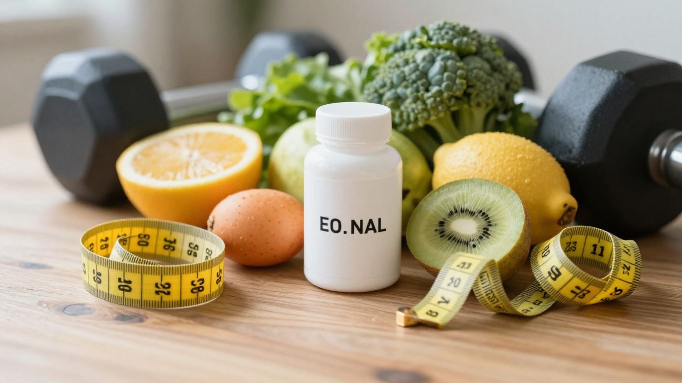 Fitness gear, supplements, and healthy food on table