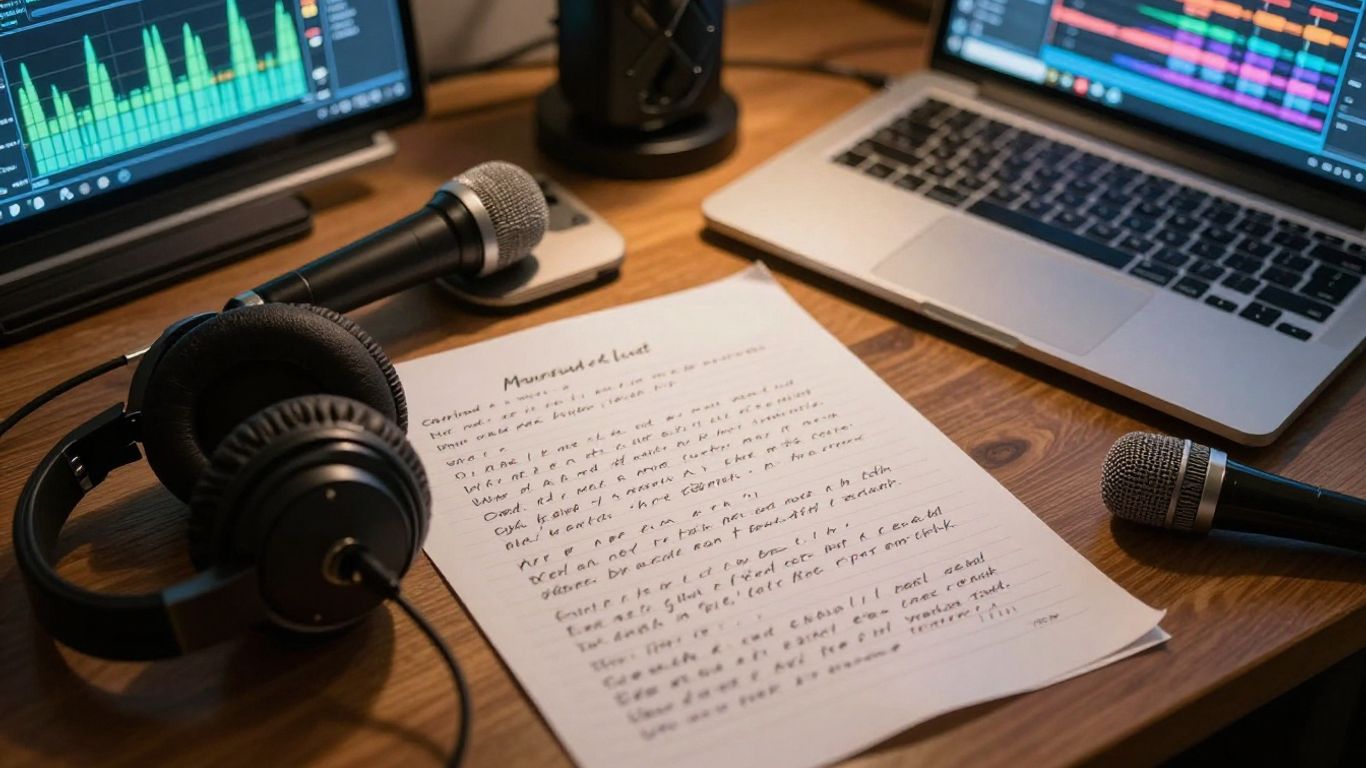 Headphones and waveform beside handwritten lyrics