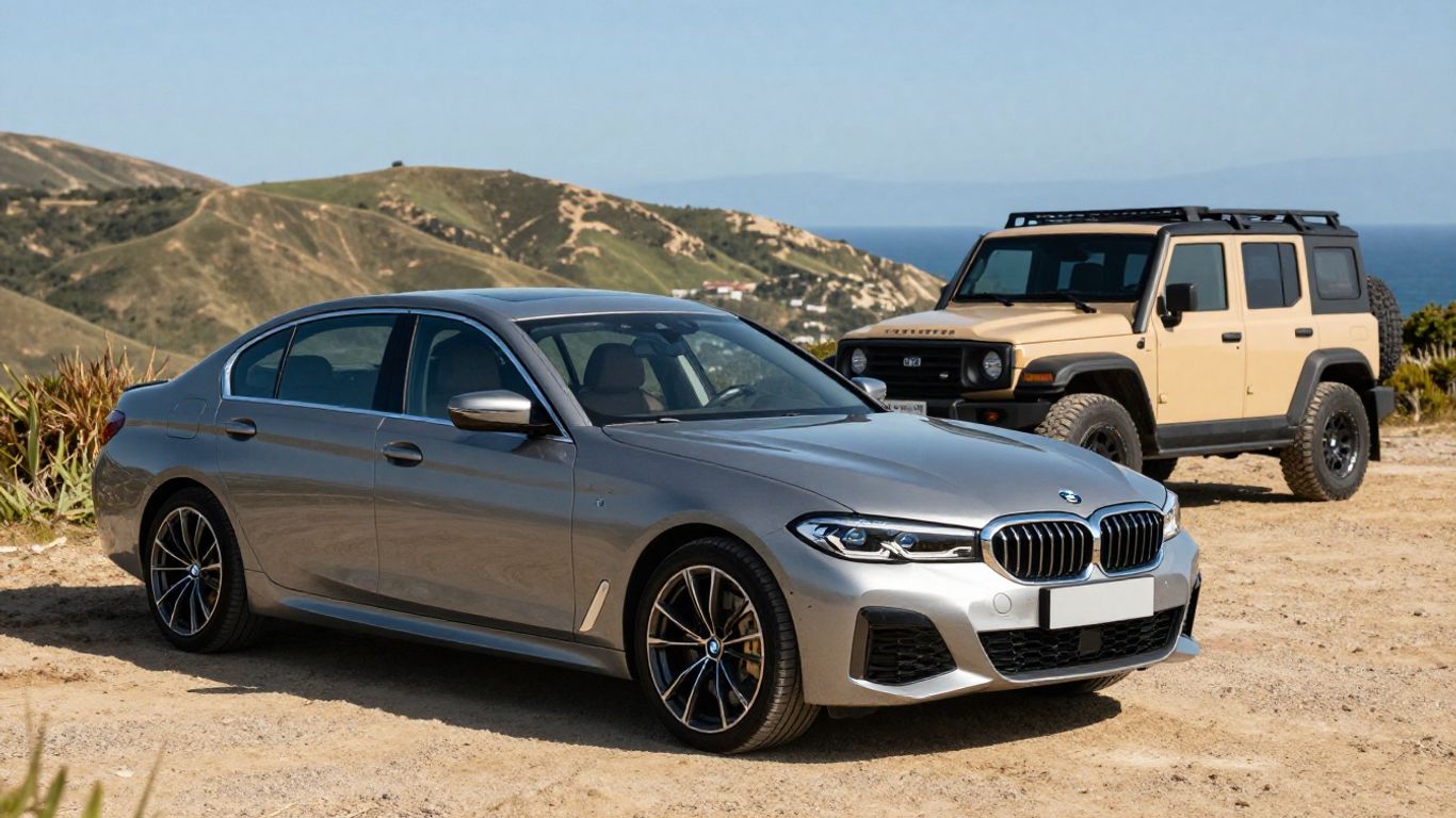 BMW car next to trade-in vehicle with coastal background.