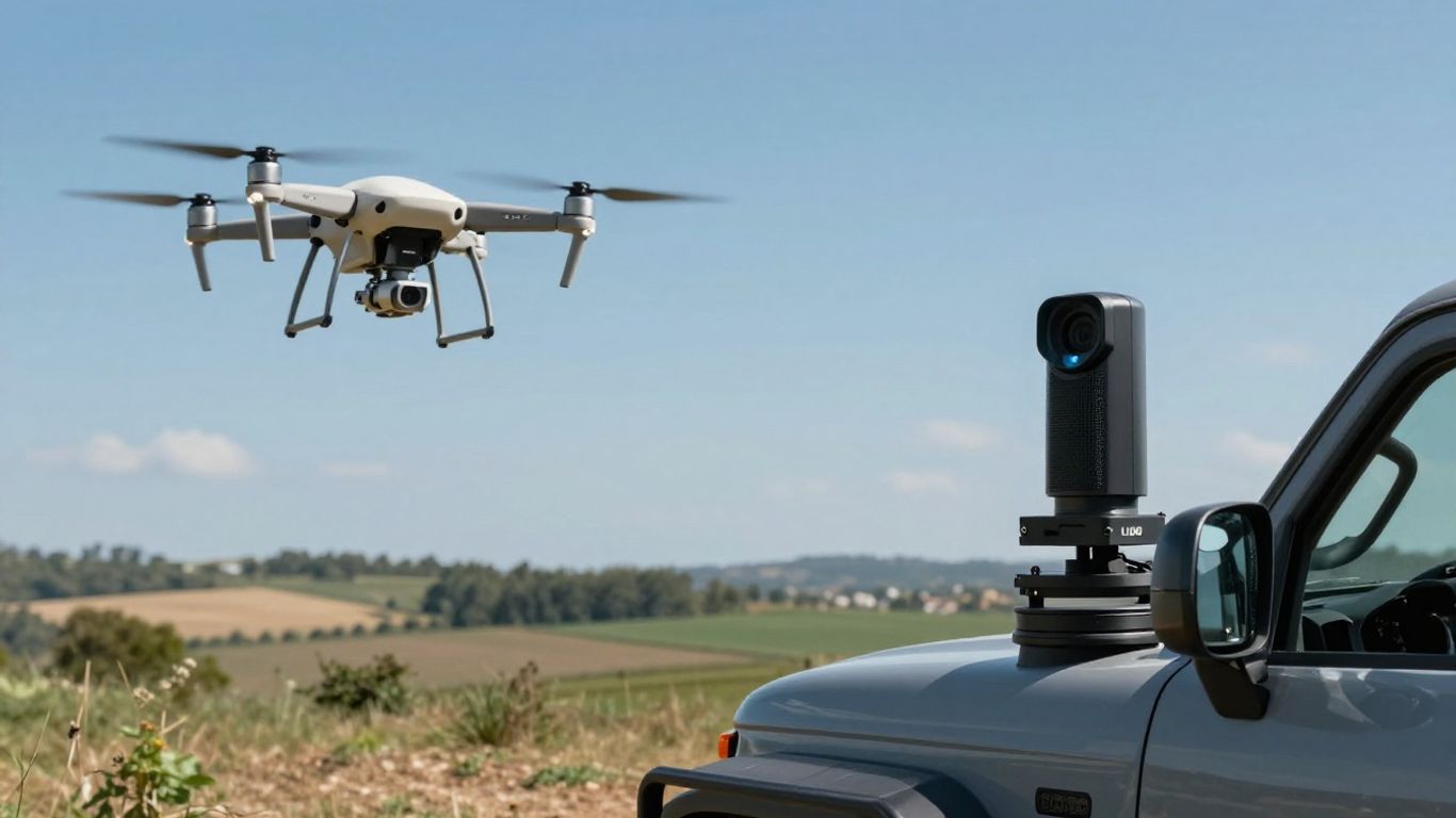 Drone and LiDAR sensor scanning terrain