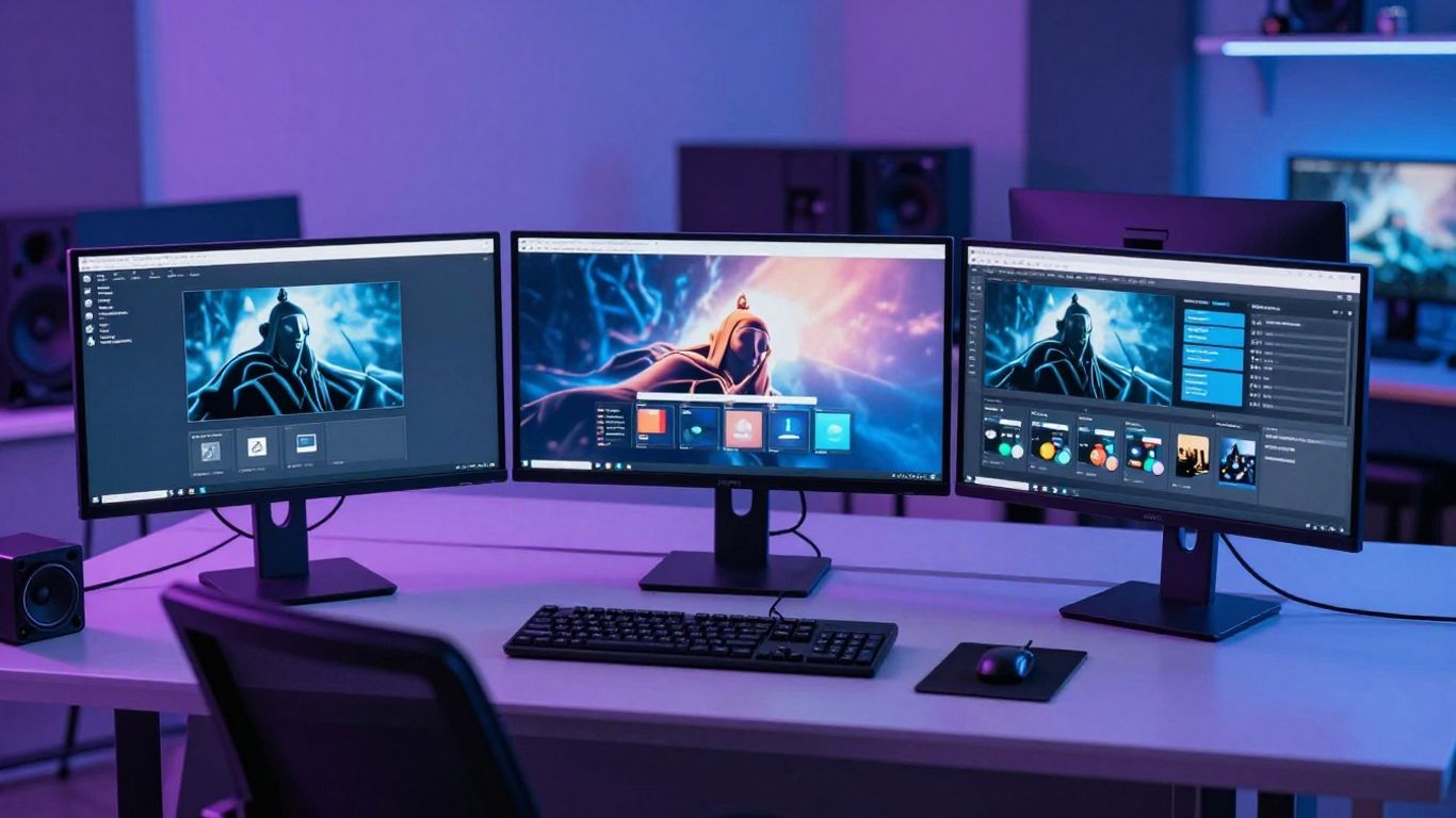 A futuristic studio setup with glowing light panels and professional equipment