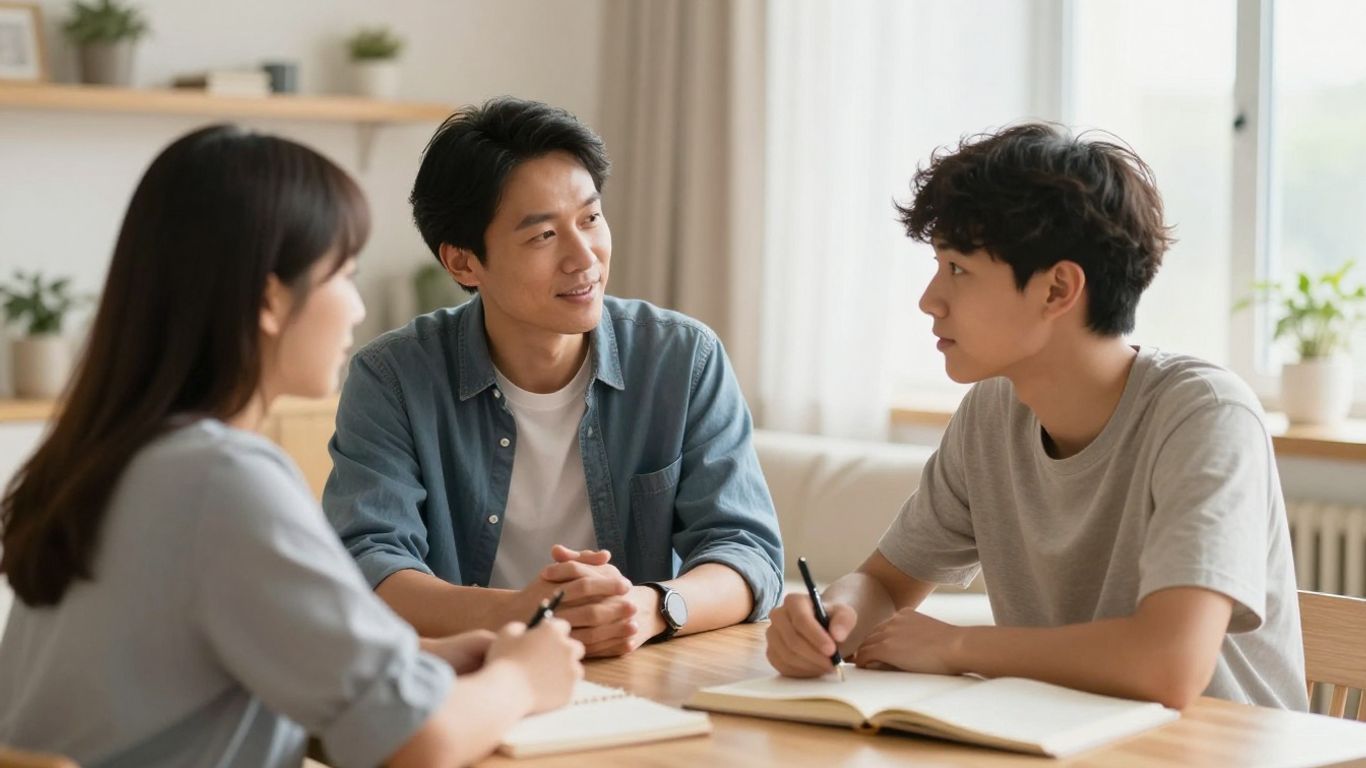A parent and son having a neutral conversation