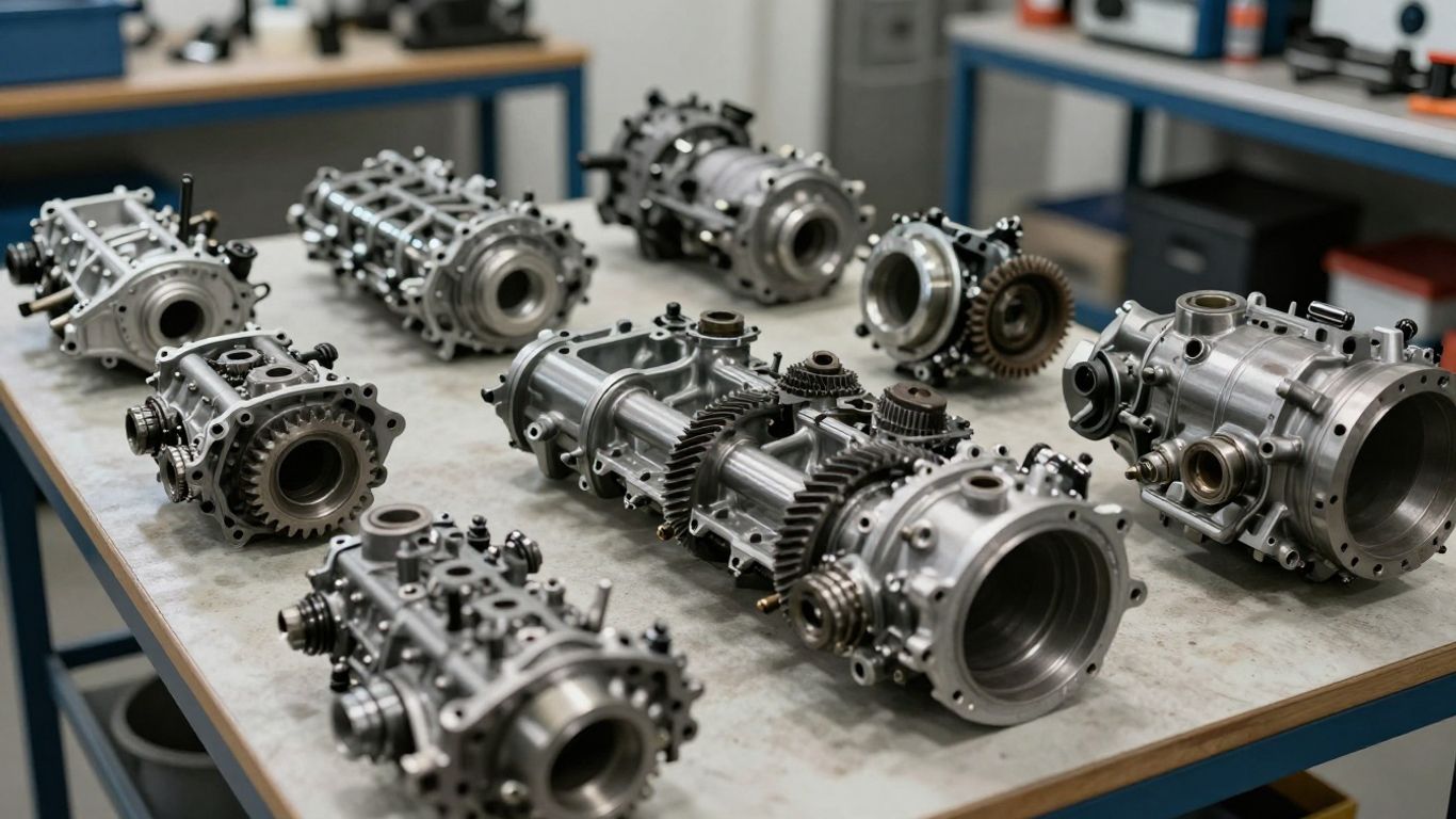 Automotive workshop with organized car parts and gearboxes.