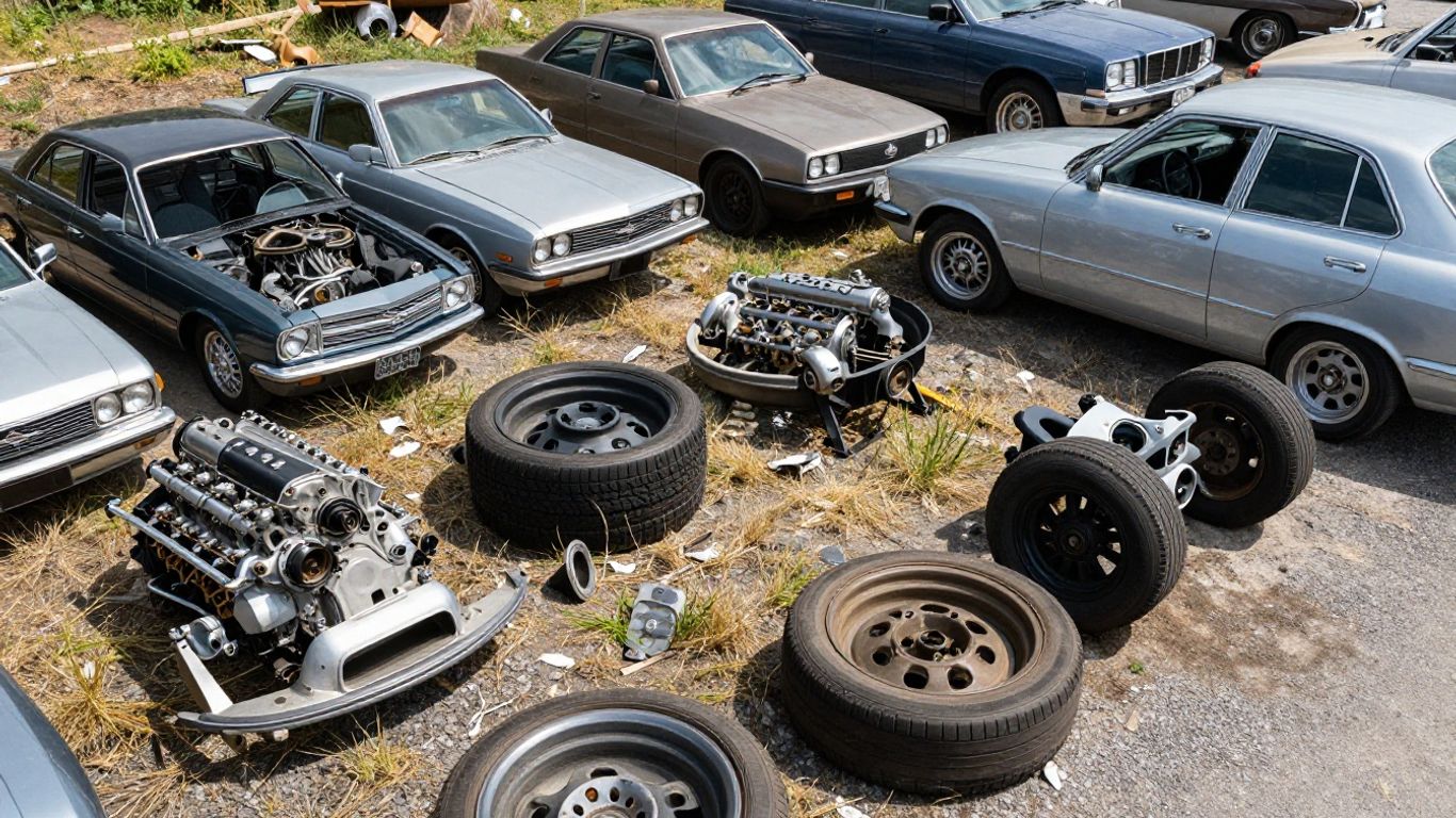 Chrysler car parts in a salvage yard