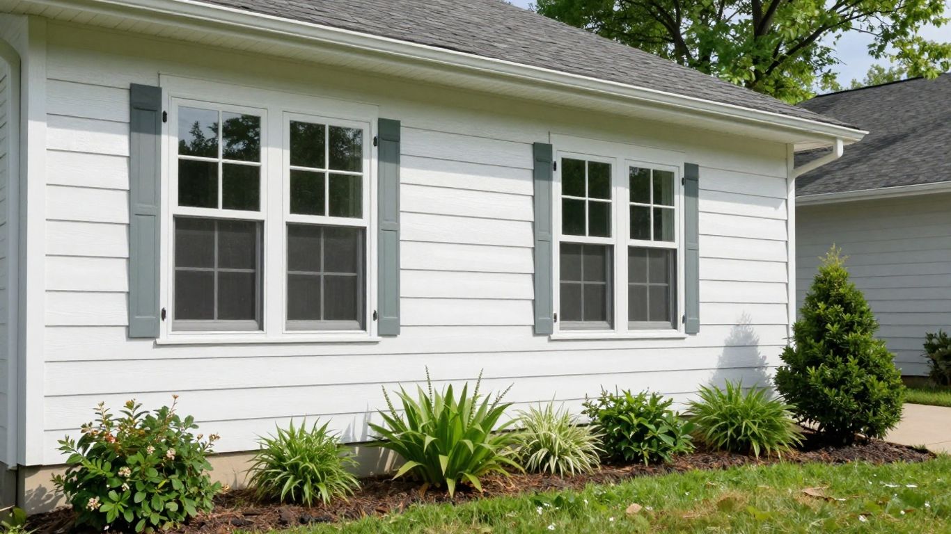 Clean house exterior with bright siding and windows.