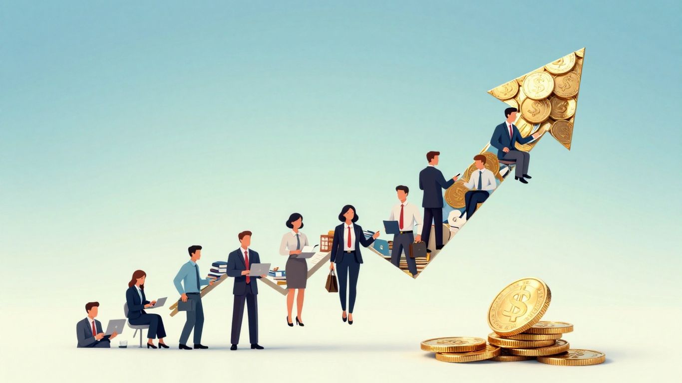 Upward arrow made of business icons piercing a coin.