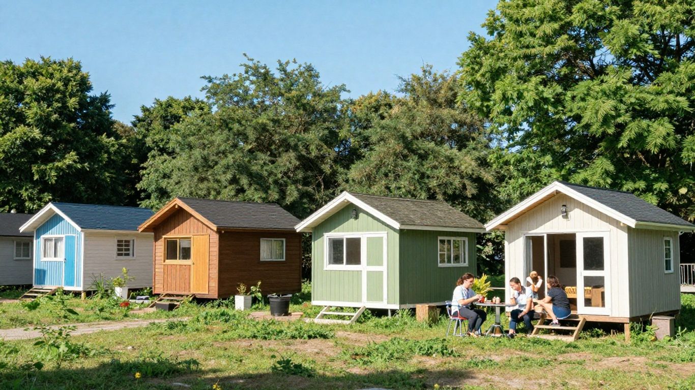Tiny homes community with people interacting outdoors.