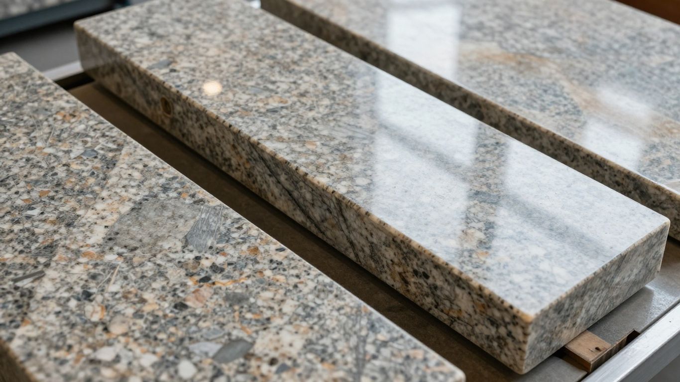 Polished granite slabs with natural veining in a showroom.