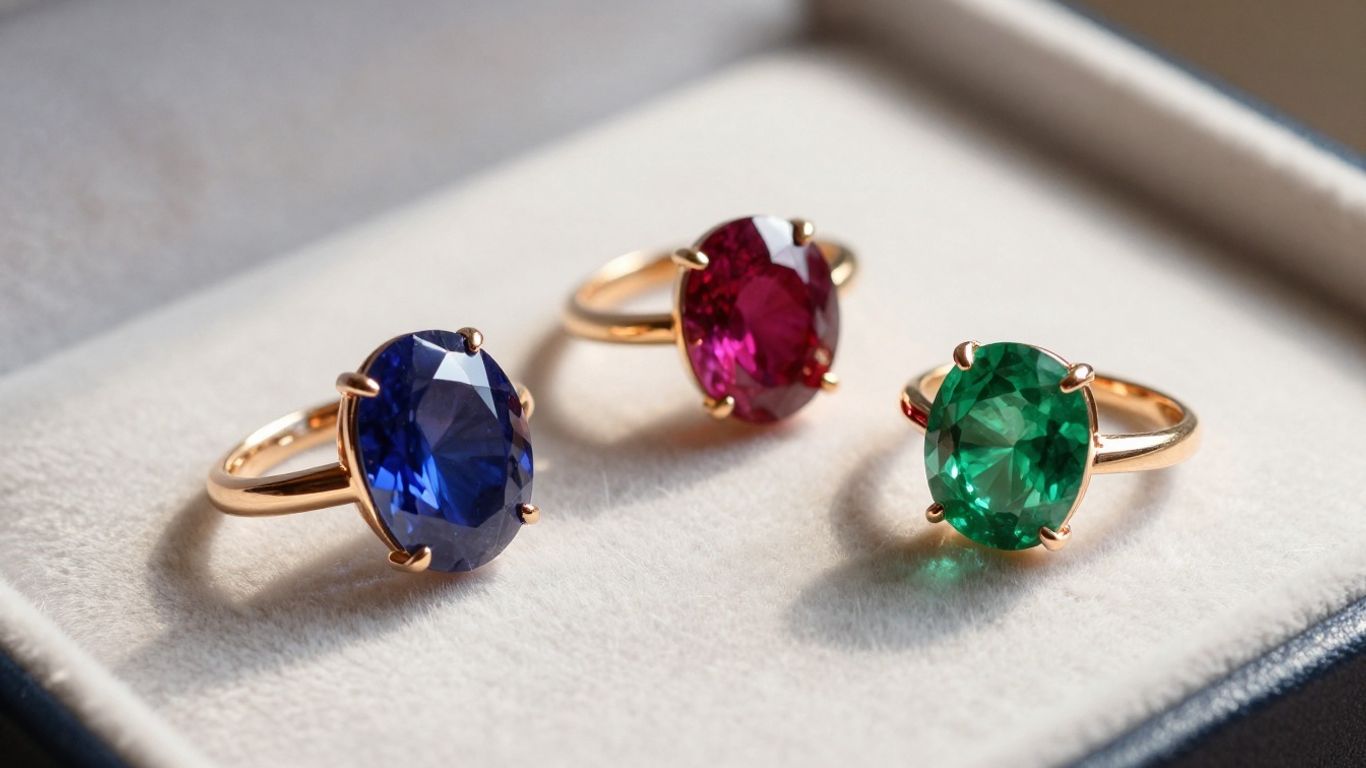Oval sapphire, ruby, and emerald rings